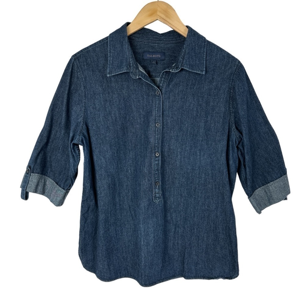 Talbots Denim 3/4 Button Up Roll-Tab Collared Blouse